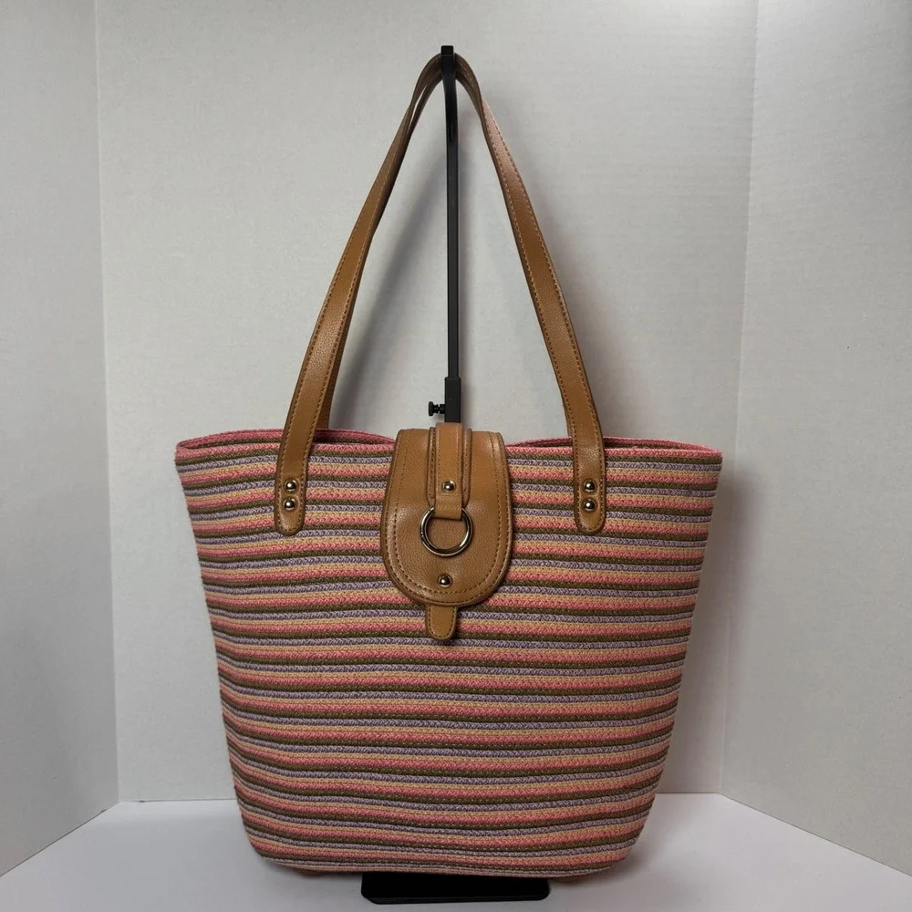 Liz Claiborne Woven Striped Multicolor Tote Shoulder Bag Tan Faux Leather Straps